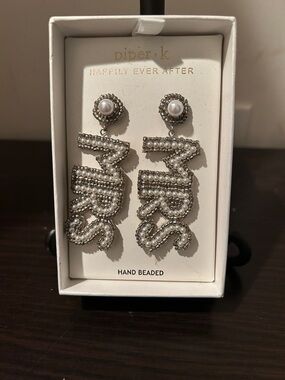 Piper Silver and White 'Mrs' Hand-Beaded Drop Earrings